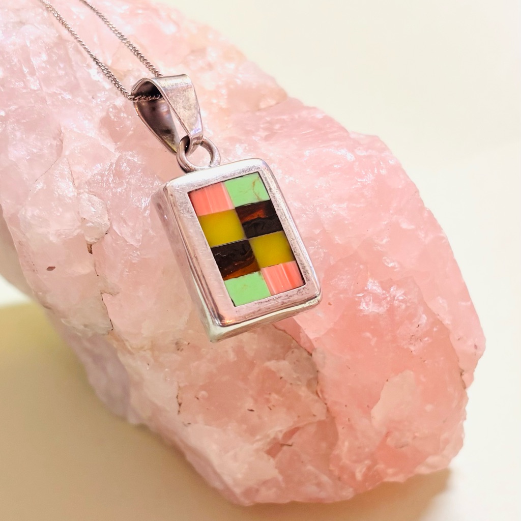 Sterling Silver Multi Gemstone Mosaic Inlay Pendant Necklace 80$